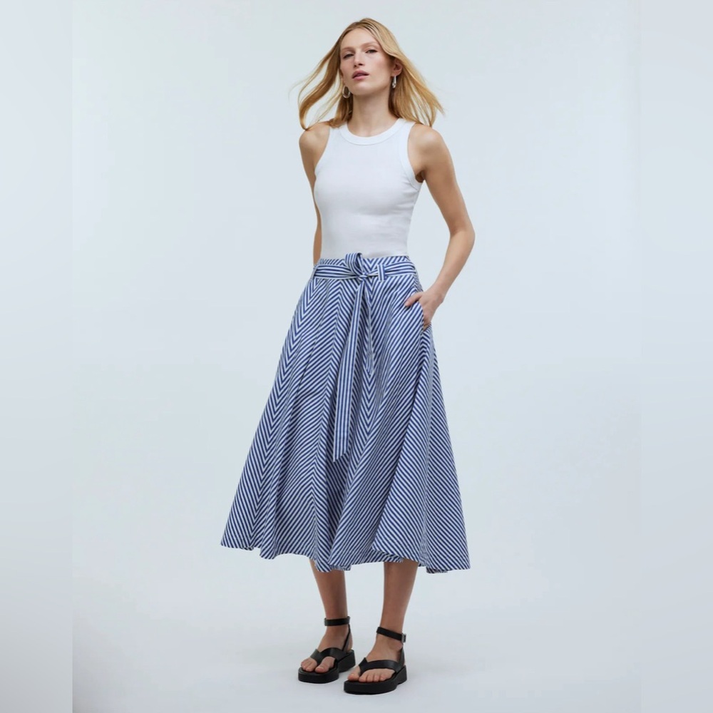 NWT Madewell Poplin Flared Midi Skirt in Stripe Sz 2